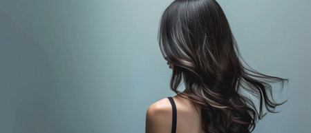 Young woman with windy hair on grey background, panoramic shotの素材