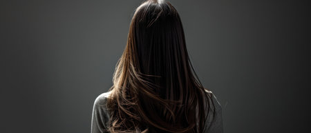 woman with long hair on grey background, back view, studio shotの素材