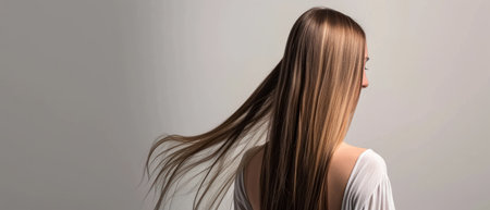 Beautiful girl with long hair on a gray background. Back viewの素材