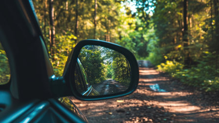 Rural road through the forest with a car in the rear view mirrorの素材