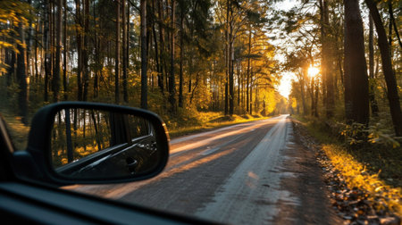 View from the car on the road in the forest at sunset.の素材