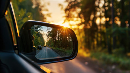 View from inside a car on the road and forest at sunset.の素材