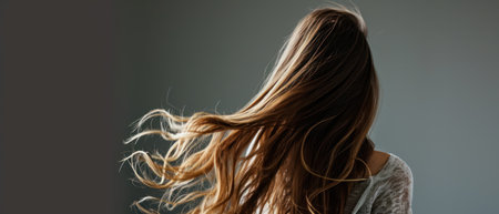 Beautiful young woman with long healthy hair on a gray background.の素材
