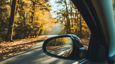 car view from inside the car on the road in autumn forest.の素材