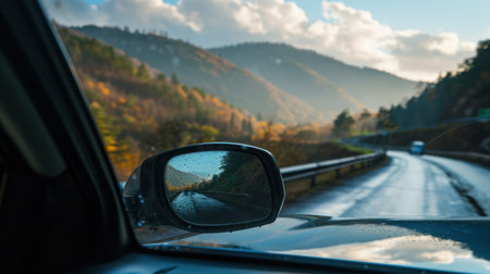 car view from inside a car on the road with sunset background.の素材