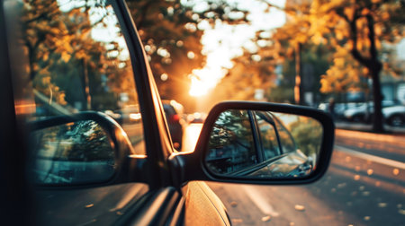 car view from inside a car on the road with sunset background.の素材