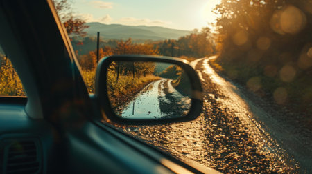 View from the car window to the countryside road and mountains at sunset.の素材