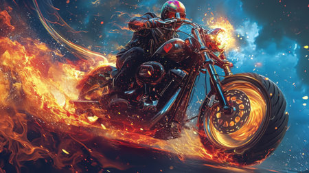 Motorcycle on fire. Motorcycle in flames. 3d illustrationの素材