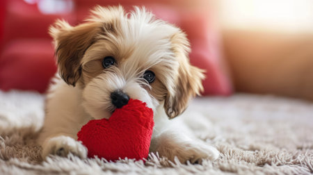 Cute Shih tzu puppy is lying on the bed with red heart.の素材