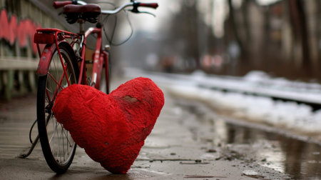 Valentine's day. A red bicycle with a red heart on the street.の素材