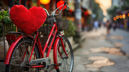 Red vintage bicycle with heart shape pillow in the city. Valentines day concept.の素材