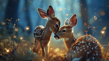 Fawns in the forest at sunset. Beautiful animal in nature.の素材
