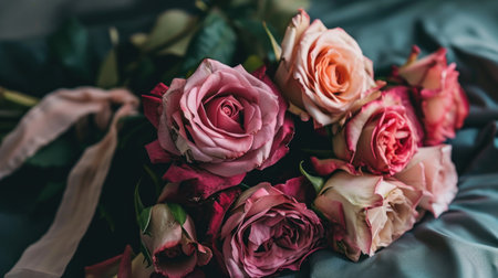 Bouquet of pink and beige roses on a blue backgroundの素材
