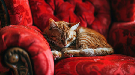 Cute ginger cat sleeps on a red sofa in the living roomの素材