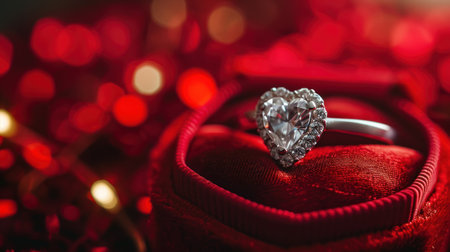 Wedding ring in a red velvet box with bokeh backgroundの素材