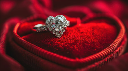 Jewelry diamond ring on red velvet background, valentines day conceptの素材