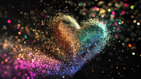 Colorful particles in the shape of a heart on a black backgroundの素材