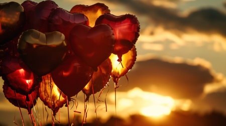 Heart-shaped balloons in the sunset. Valentine's day concept.の素材