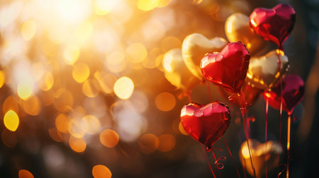Red heart-shaped balloons in the sunlight. Valentine's Day.の素材