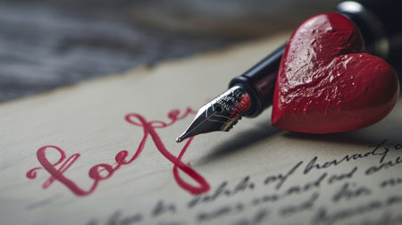 Valentine's day love letter with fountain pen on wooden backgroundの素材