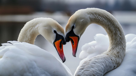 Close up of two swans on a lake in winter time.の素材