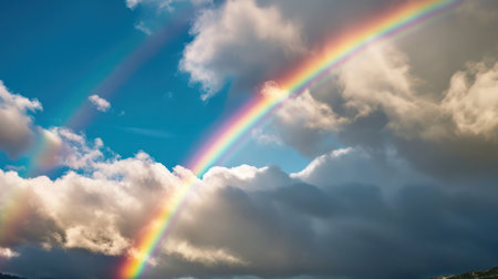 Rainbow in the blue sky with white clouds and rainbow in the skyの素材