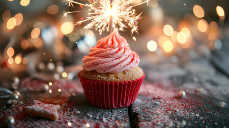 a cupcake with pink frosting and a sparkler on top of the cupcake is on a table. .の素材