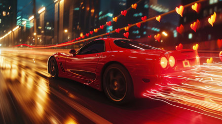 Red sport car on the road in the city at night. 3d renderingの素材