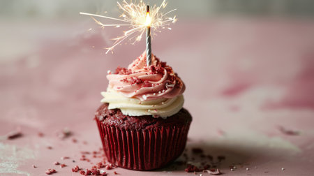 Birthday cupcake with sparkler on pink background. Copyspaceの素材