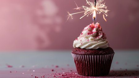 Birthday cupcake with sparkler on pink background with copy spaceの素材