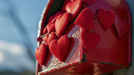Red hearts on a postbox. Valentine's Day. Selective focus.の素材