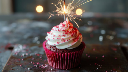 Birthday cupcake with sparkler on dark background, closeupの素材