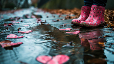 Rainy day in the park. A girl in a pink rubber boots stands in a puddle with fallen leaves.の素材