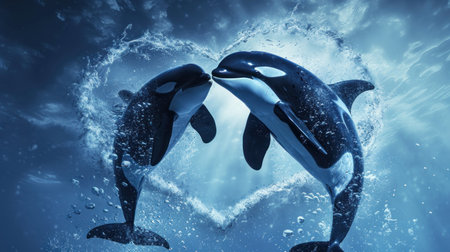 Two killer whales swimming in the sea and forming a heart. 3d renderingの素材