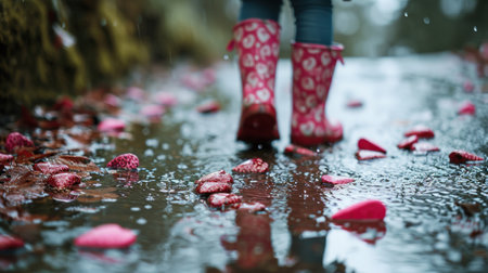 A girl in a raincoat and rubber boots stands in a puddle with red hearts.の素材