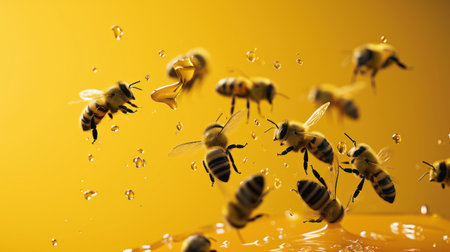 a bunch of bees flying in the air with drops of water on the wings of the bees and on the body of the bees. .の素材