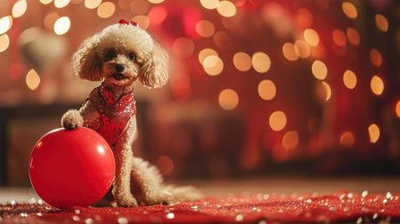 Cute poodle with red ball on Christmas background, closeupの素材