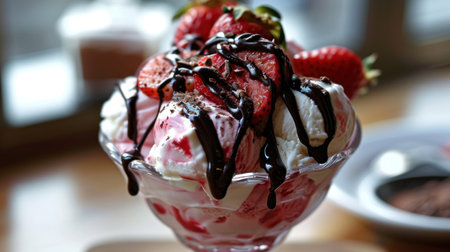 Strawberry ice cream sundae with chocolate and whipped cream.の素材
