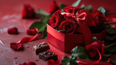 Valentine's Day background with red roses and chocolate on red backgroundの素材