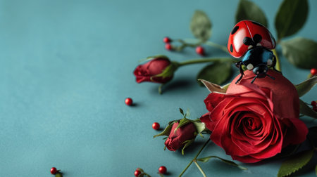 Red roses and ladybug on blue background with copy space for textの素材