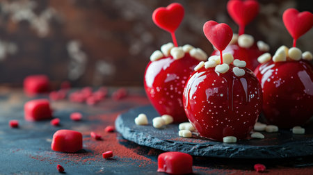 Candy apples with heart shaped sprinkles for Valentine's Day, selective focusの素材
