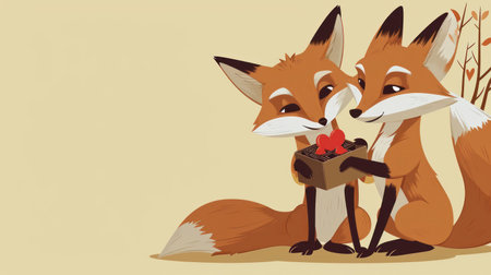 Two foxes in love with a box of berries. Vector illustrationの素材