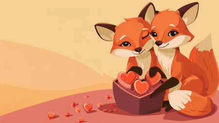 Two cute foxes in love with a box of hearts. Vector illustration.の素材