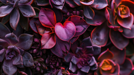 Close up of red and purple heart shaped succulent plant in gardenの素材