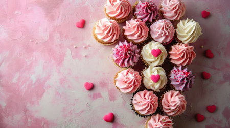 Cupcakes with pink buttercream frosting and hearts on pink backgroundの素材