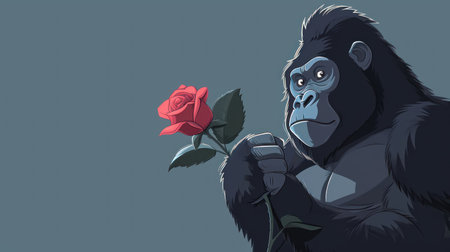 Vector illustration of a gorilla holding a red rose in his hand.の素材