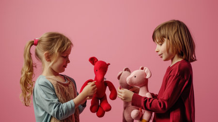 Cute little girls playing with teddy bears on pink background. Childhood, friendship, togetherness concept.の素材