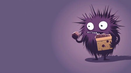 Funny cartoon hedgehog with chocolate on purple background. Vector illustration.の素材