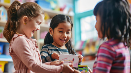 Cute little children playing with toys in playroom. They are smiling and looking at each other.の素材
