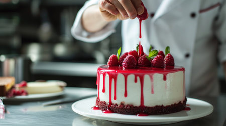 Chef decorating a raspberry cake with fresh raspberries and creamの素材